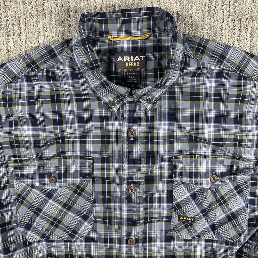 Ariat Rebar Plaid Button Down Short Sleeve Shirt Mens L Blue Work Casual Durable